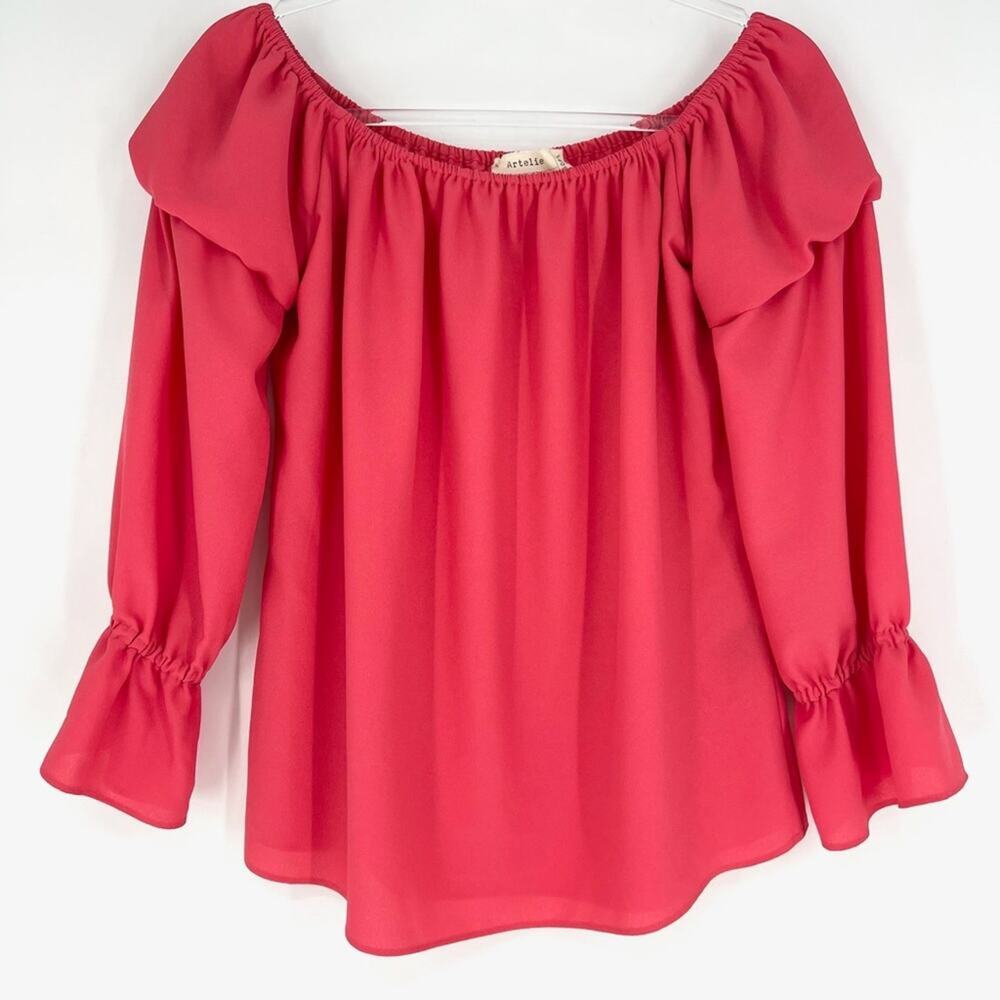 Nicole Miller Artelier Ruffle Sleeve Off the Shoulder‎ Blouse Coral M - Picture 2 of 10